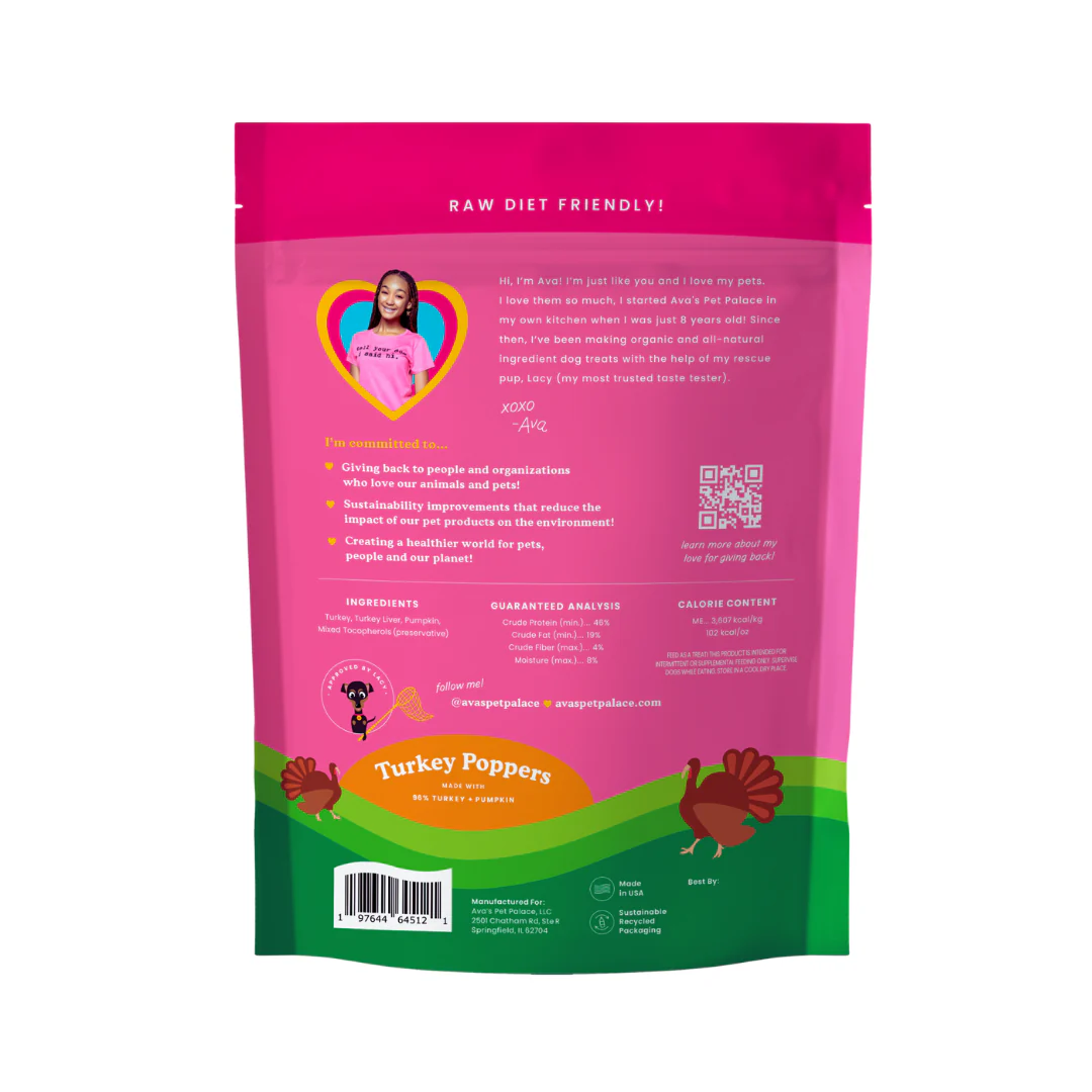 American Pet Supplies freeze dried turkey dog treats Turkey Poppers in pink and green resealable bag