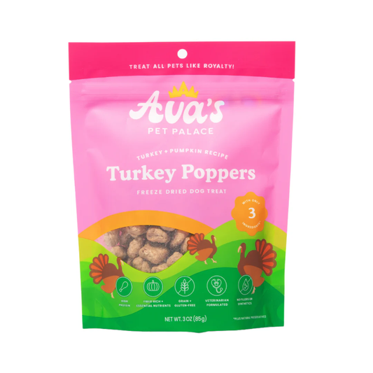 Ava's Pet Palace Turkey Poppers freeze dried turkey dog treats in pink and green resealable bag