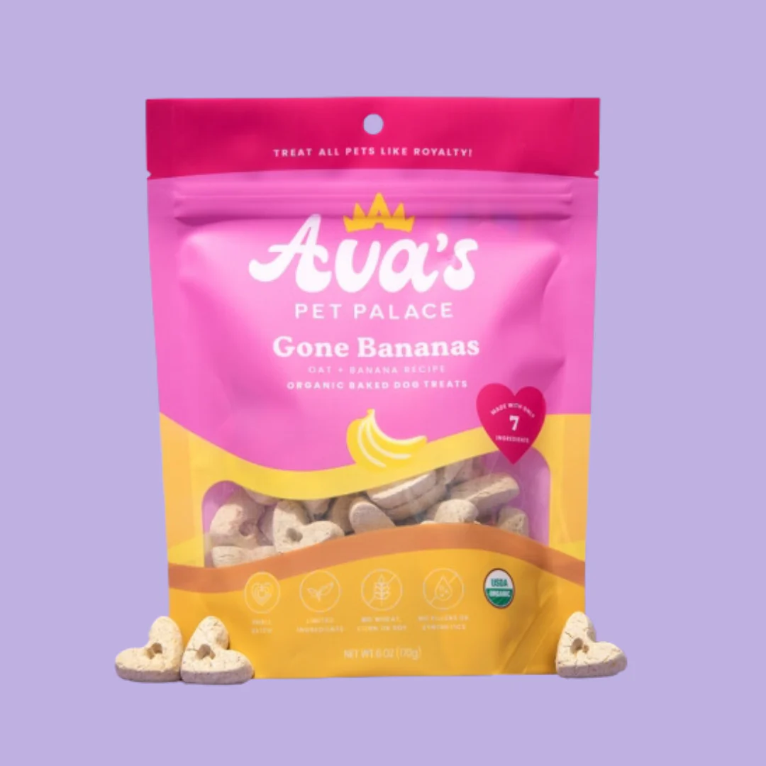 American Pet Supplies Ava's Pet Palace Gone Bananas organic dog treats in pink and yellow resealable bag