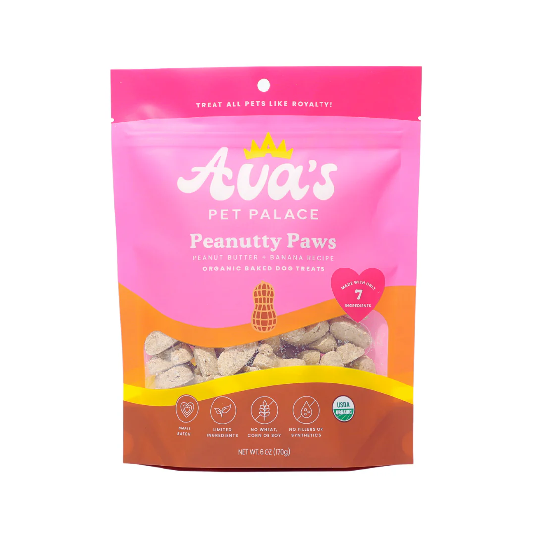 Ava's Pet Palace Peanutty Paws organic dog treats peanut butter banana recipe in resealable pink and orange bag