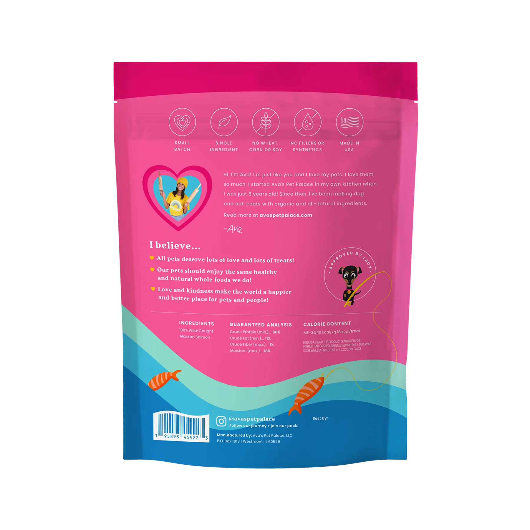 American Pet Supplies salmon jerky dog treats resealable pink and blue bag with product details
