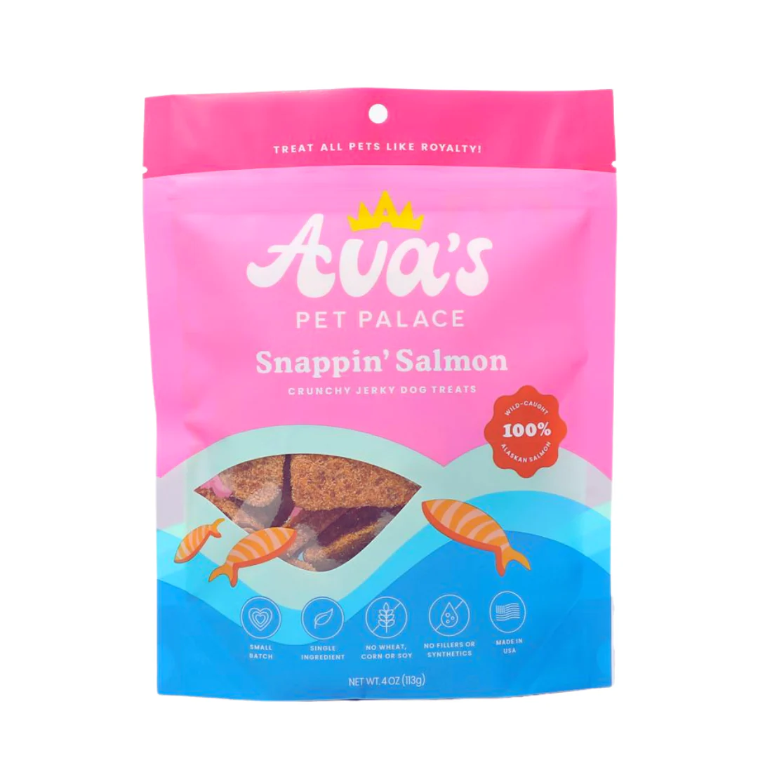 Ava's Pet Palace Snappin Salmon salmon jerky dog treats in pink and blue resealable bag
