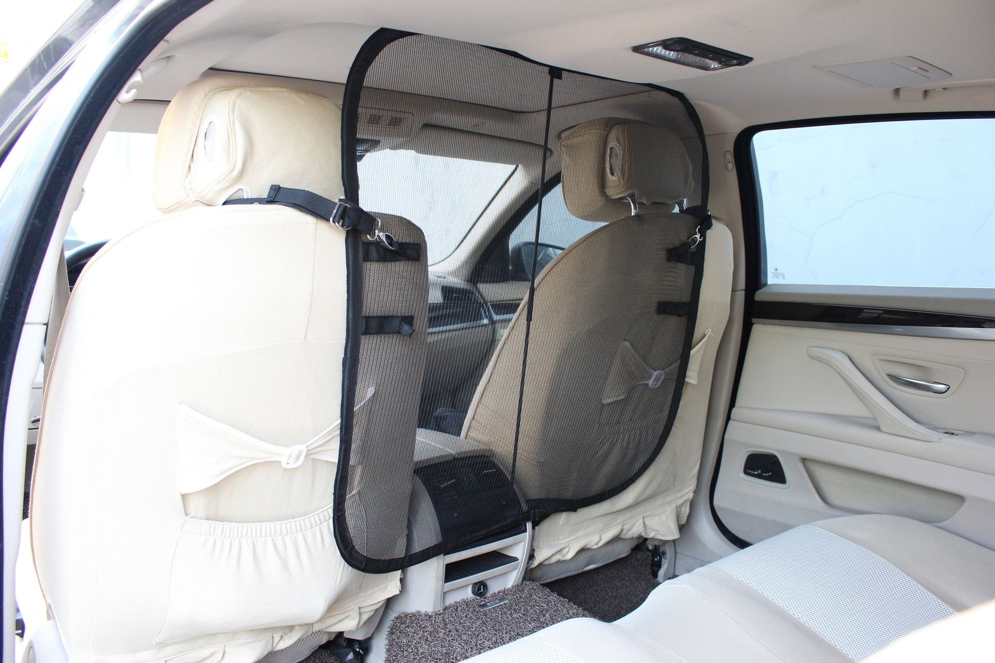 Backseat safety barrier for dogs installed between front seats in car to protect pets and driver