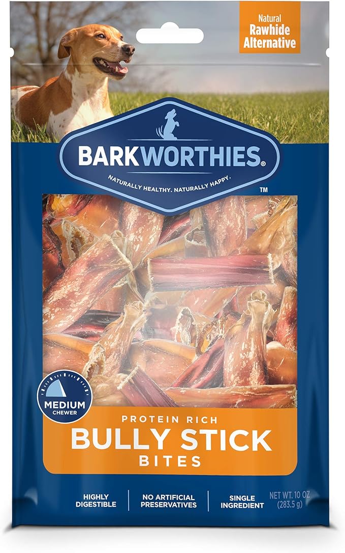 Barkworthies protein rich bully stick bites for dogs in a resealable bag, perfect for dental health