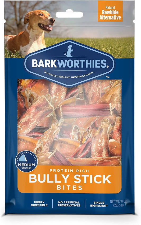 Barkworthies protein rich bully stick bites for dogs in a resealable bag, perfect for dental health