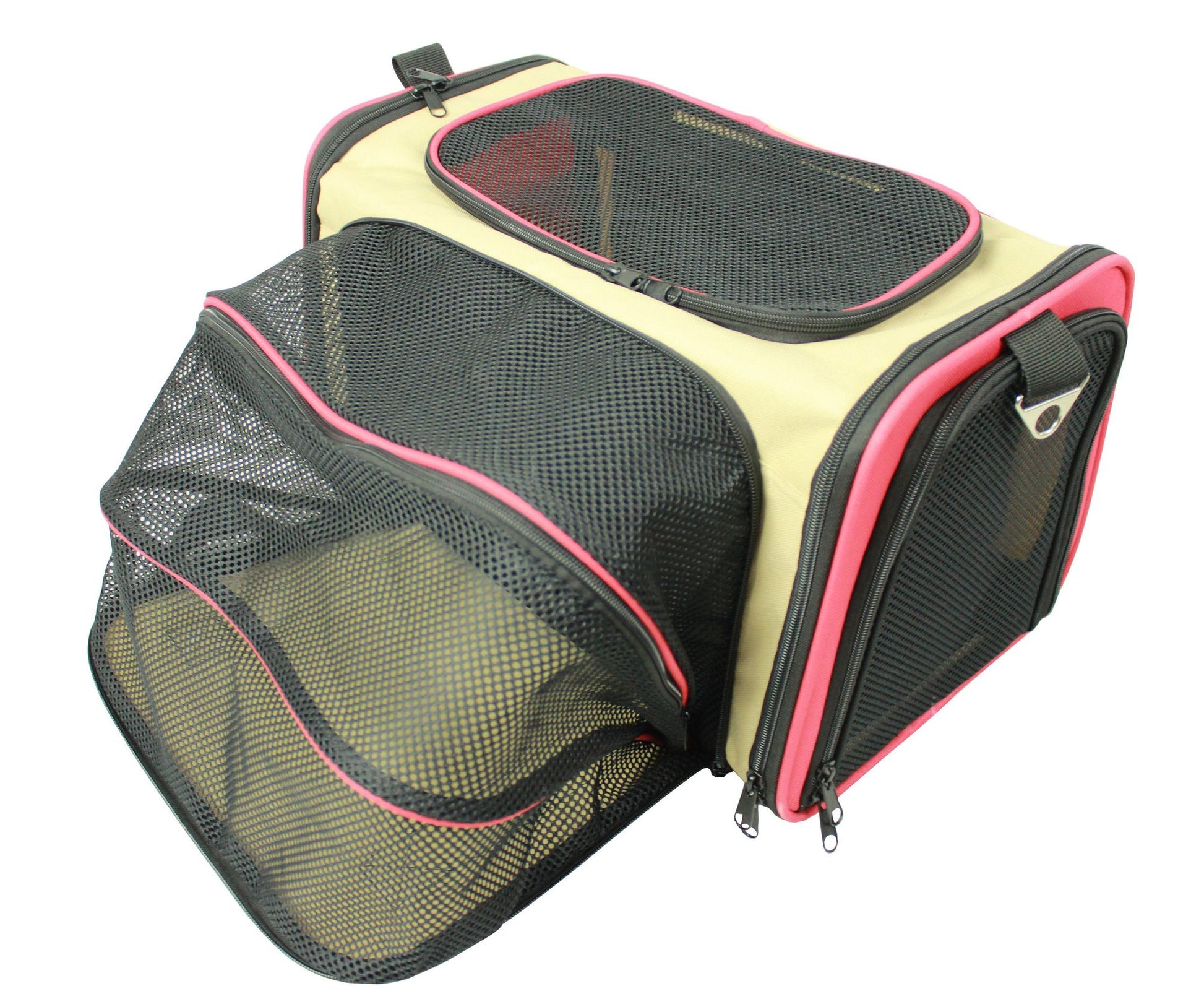 Airline approved pet carrier with beige and black mesh design and pink trim for easy travel