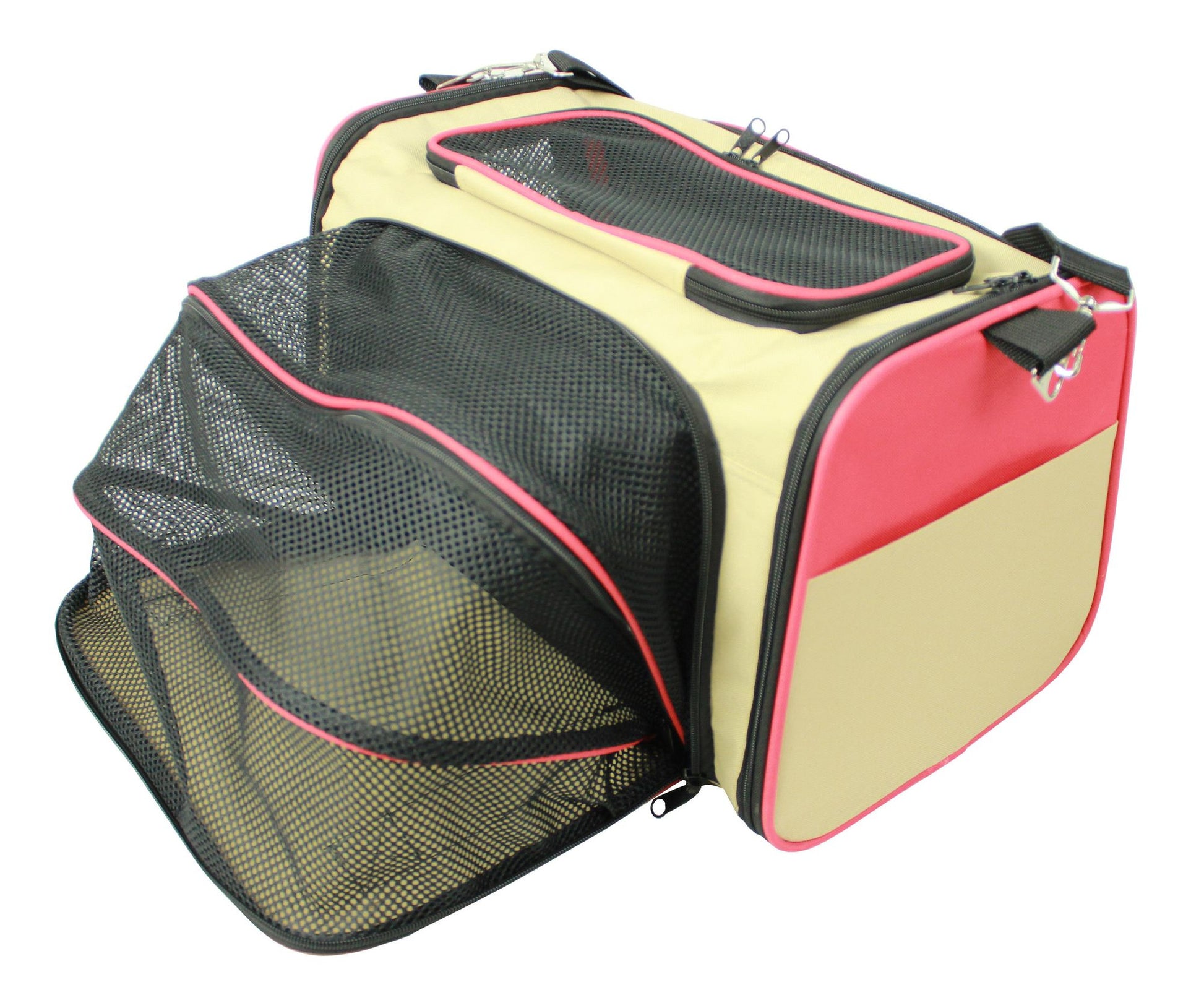 Beige and red airline approved pet carrier with expandable mesh sides and top ventilation