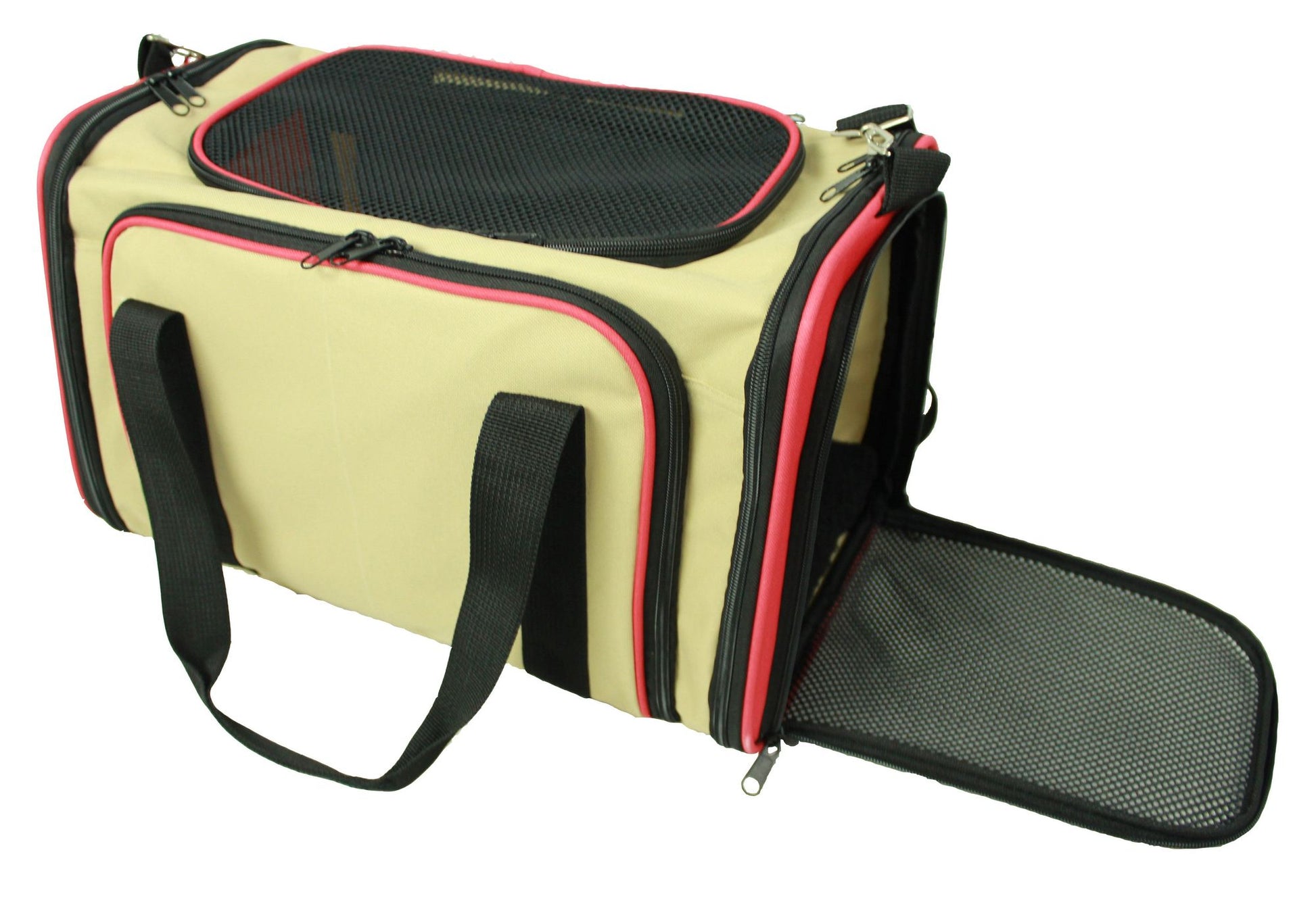 Beige and red airline approved pet carrier with mesh ventilation and zippered side access