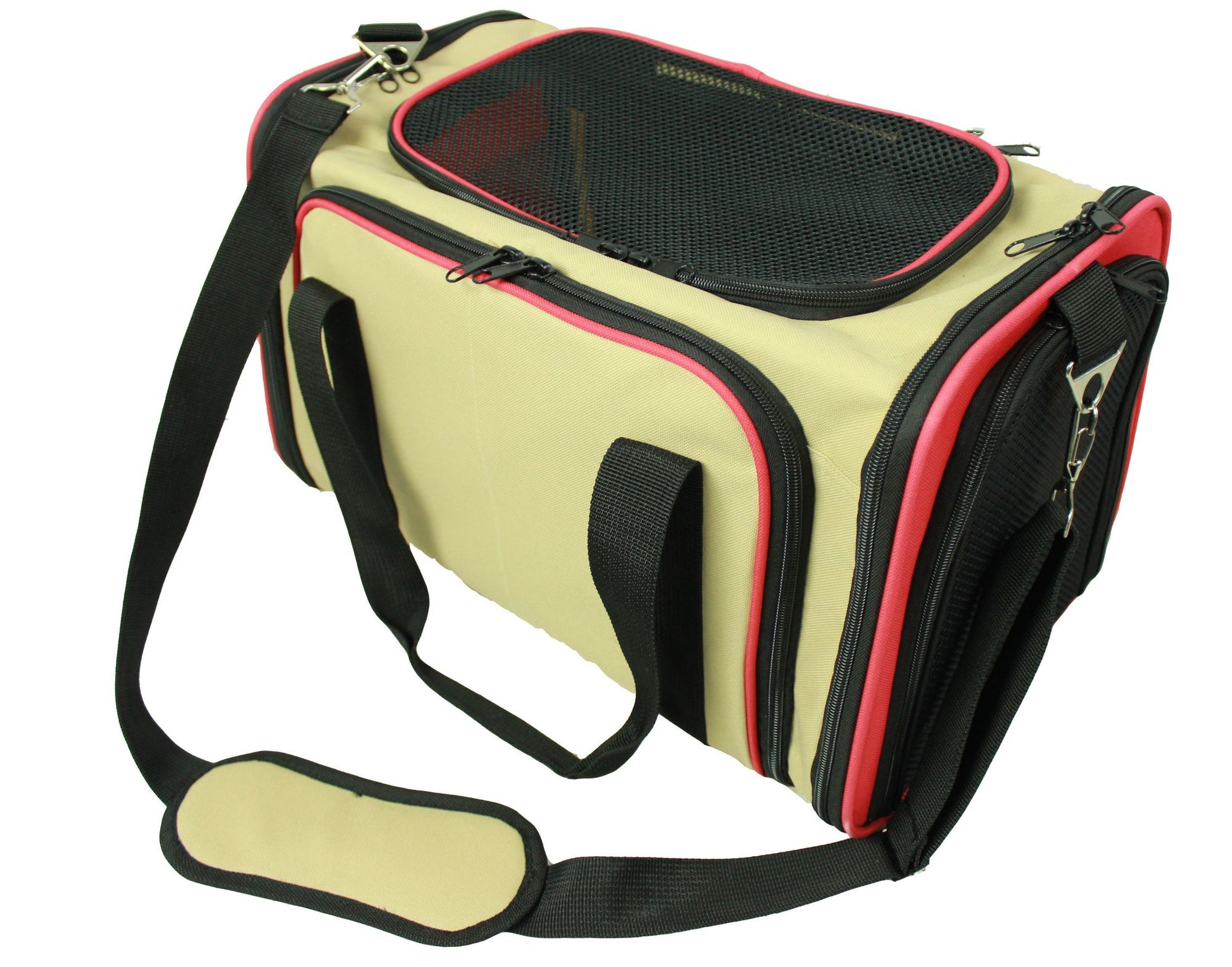 Beige and red airline approved pet carrier with mesh ventilation and adjustable shoulder strap