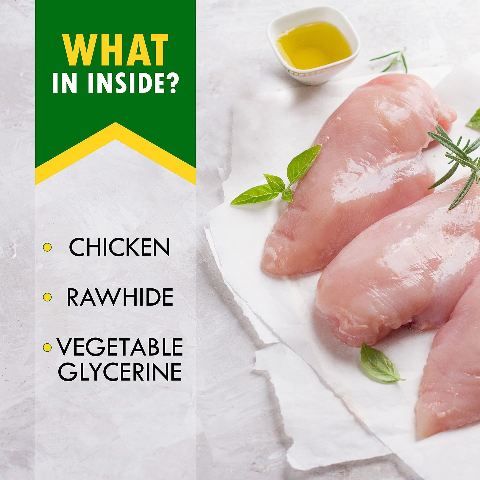 Raw chicken breast with herbs and olive oil representing ingredients in organic dog chew treats by PawCounter.com