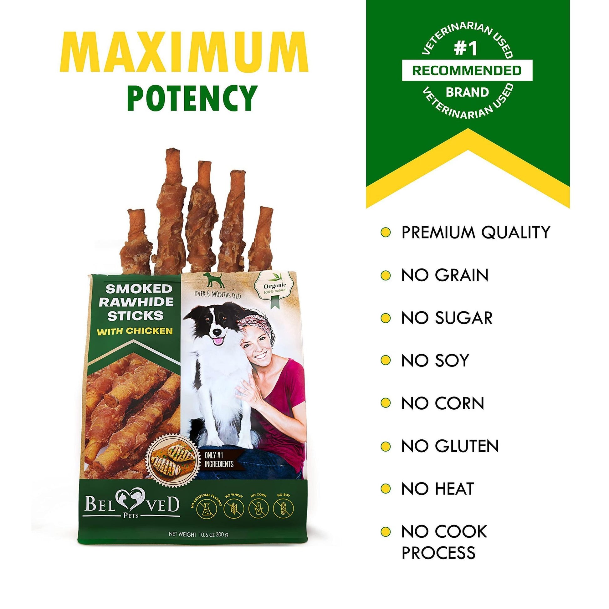 Beloved Pets smoked rawhide sticks with chicken organic dog chew treats with no grain, sugar, soy, corn, gluten
