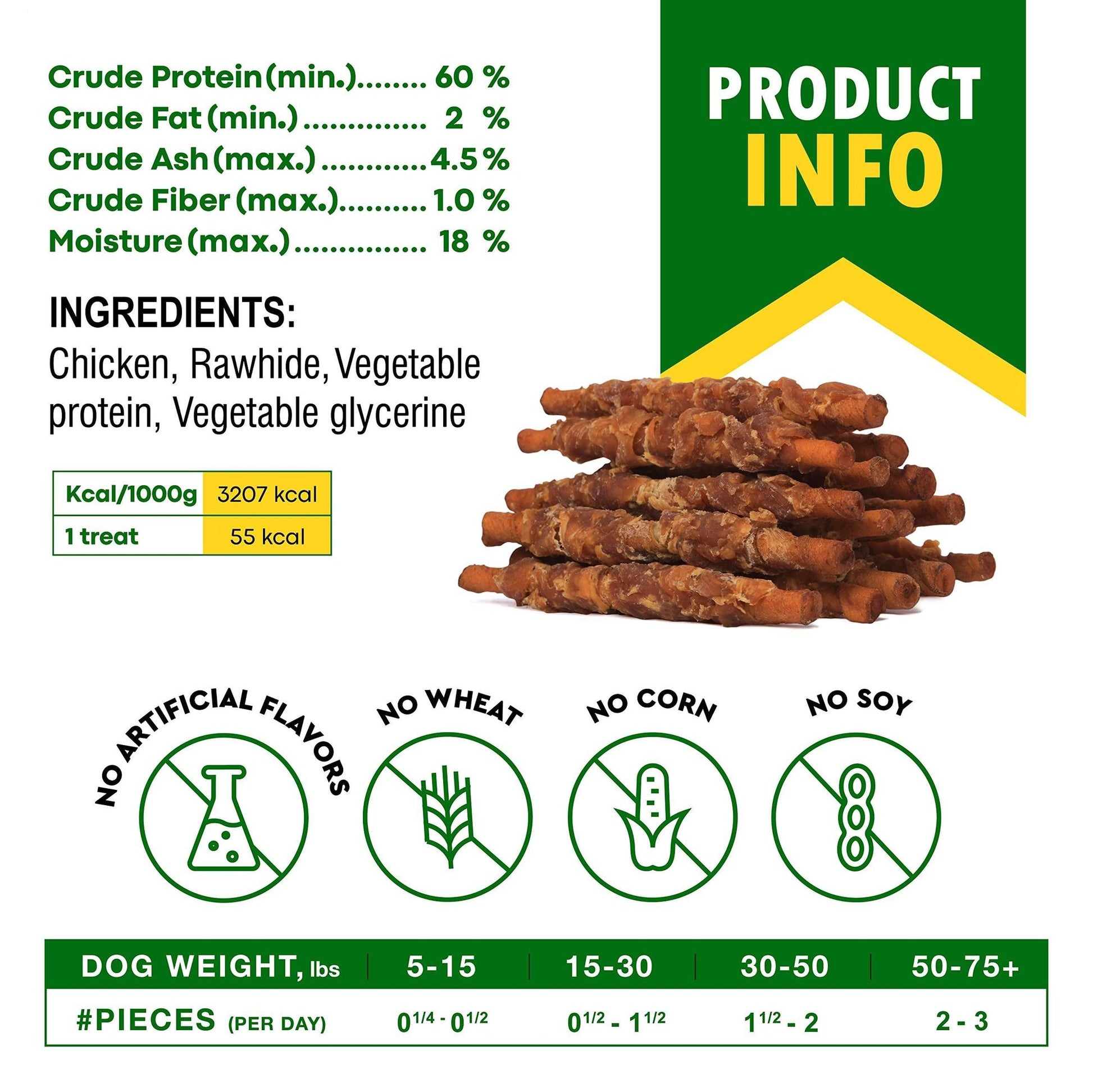 Stack of organic dog chew treats made with chicken and rawhide by PawCounter.com with nutritional info