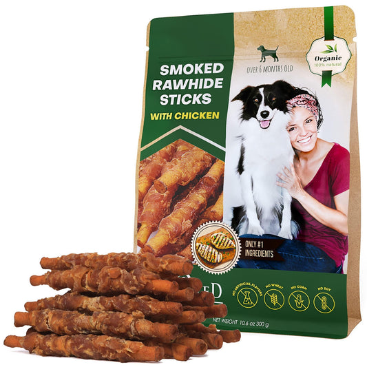 PawCounter.com smoked rawhide sticks with chicken organic dog chew treats pack with dog and woman