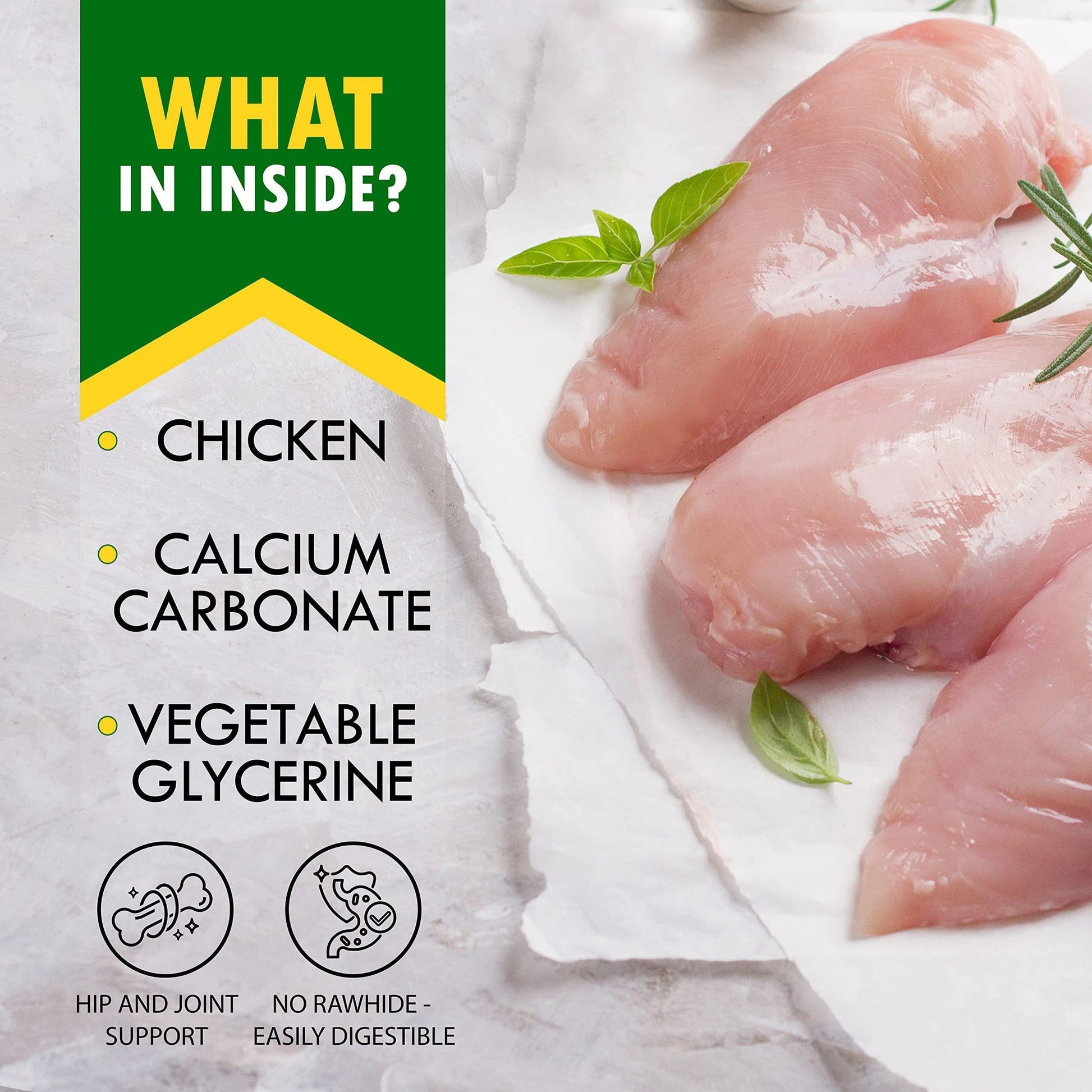 Fresh chicken breast with ingredients list for dog calcium bones with chicken including calcium carbonate and vegetable glycerine