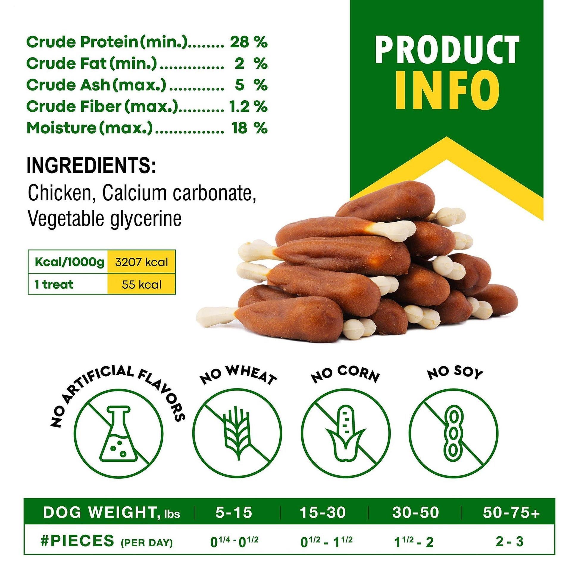 Dog calcium bones with chicken treats stacked showing ingredients and nutritional info by PawCounter.com