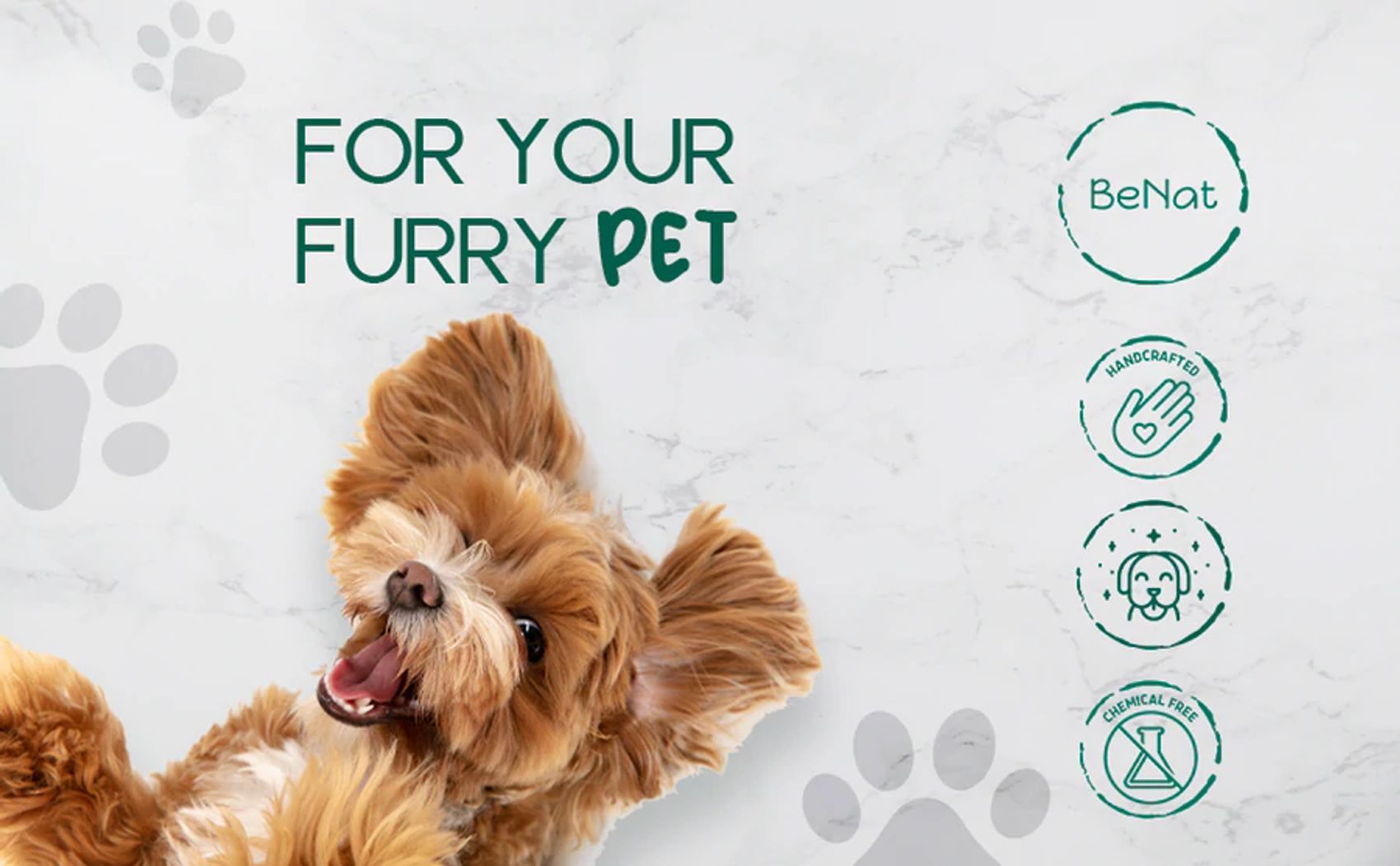 Happy dog lying down next to text and icons promoting a pet grooming bundle from PawCounter.com