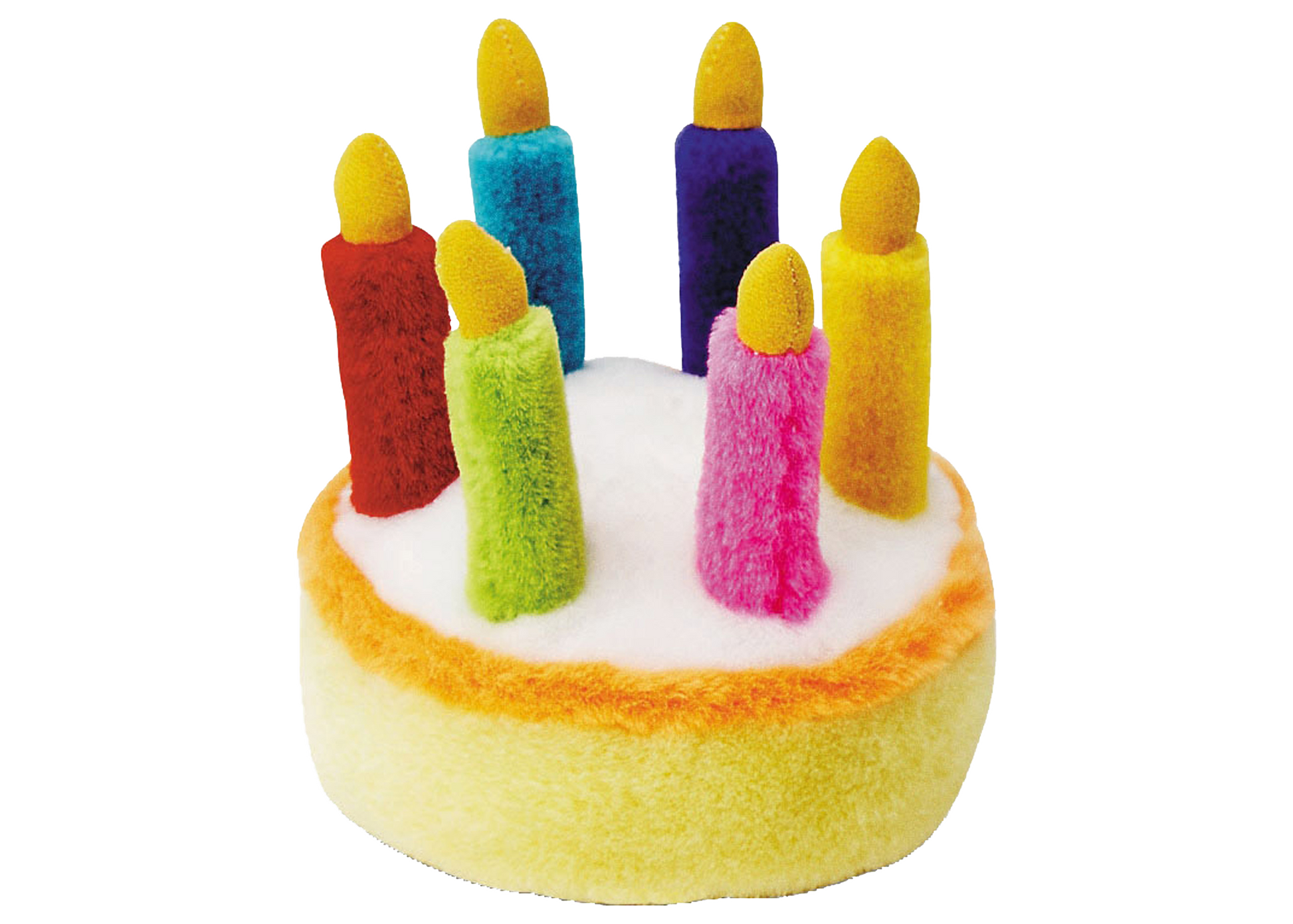 The Family Pet birthday cake dog toy with colorful plush candles for playful pets