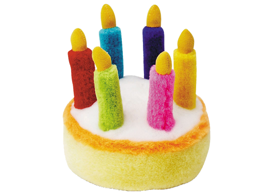 The Family Pet birthday cake dog toy with colorful plush candles for playful pets