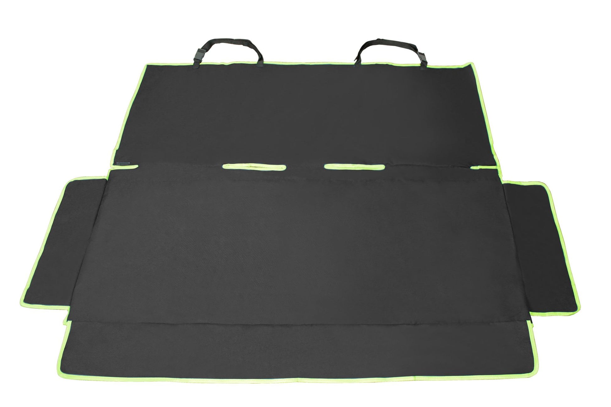 Black pet car seat protector with handles and green trim from PawCounter.com for vehicle seat protection