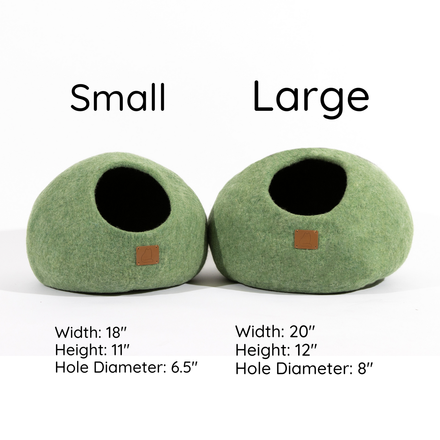 Green small and large pet cave beds side by side with size dimensions for black pet cave bed comparison