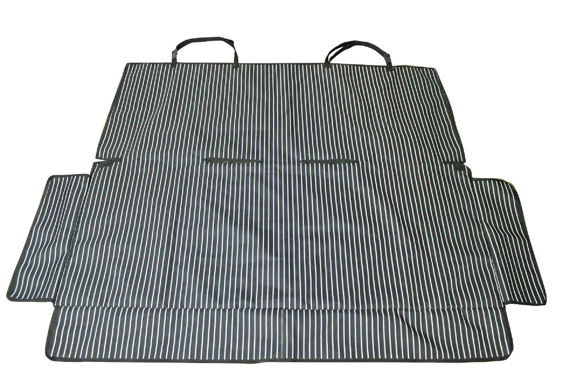 Striped black and gray pet car seat protector with adjustable straps for protecting vehicle seats