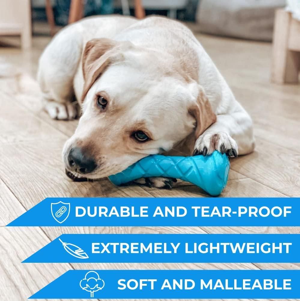 Dog chewing on a blue barbell dog fetch toy showing durable, lightweight, and soft features