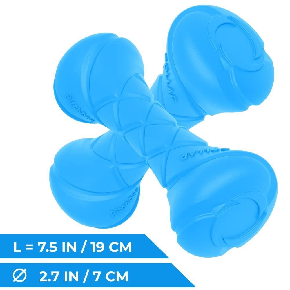 Blue barbell dog fetch toy with durable design and textured grip for active pets