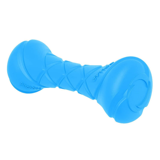 Blue barbell dog fetch toy with textured grip and durable design for active play
