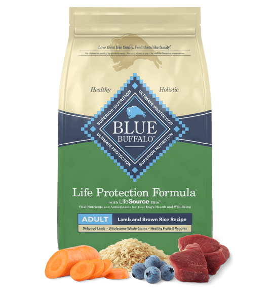 Blue Buffalo lamb and brown rice dog food Life Protection Formula bag with lamb, rice, blueberries, and carrots