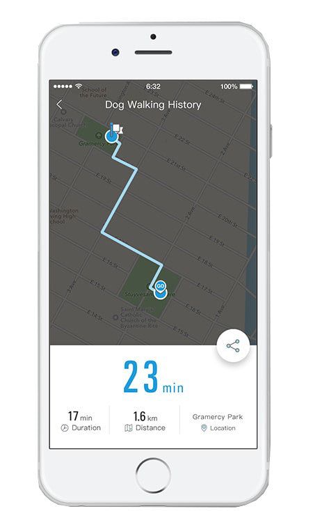 Smartphone screen showing dog walking history app for Bluetooth smart dog leash tracking duration distance and location