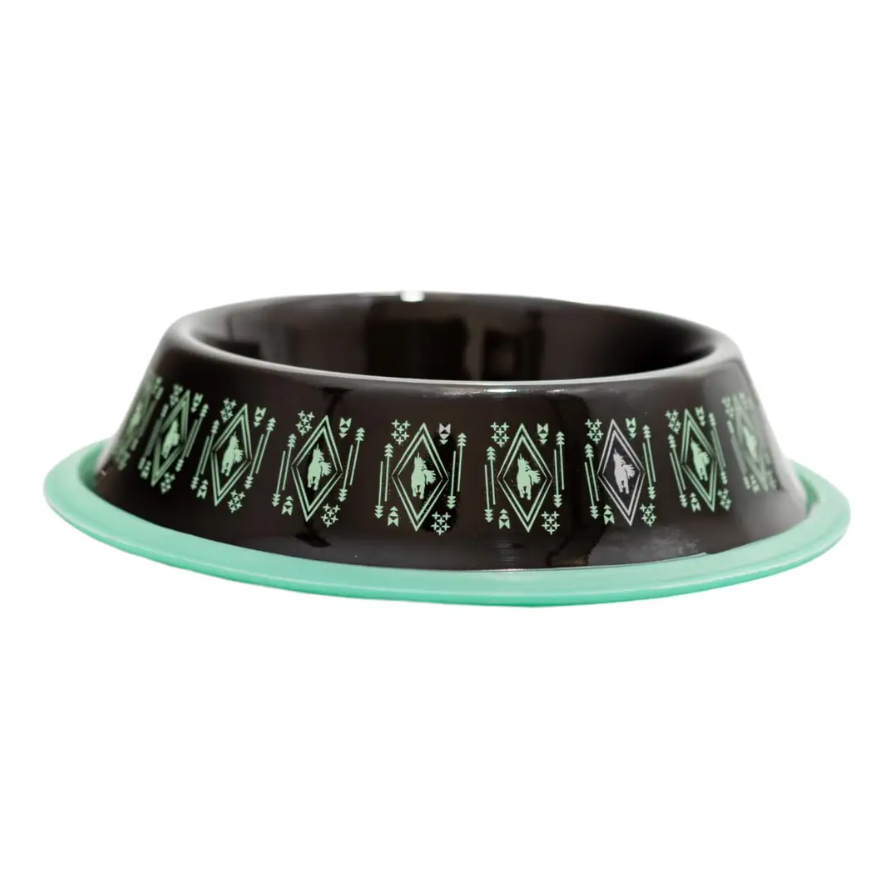 Boho stainless steel dog bowl with turquoise geometric pattern and non-slip base by American Pet Supplies