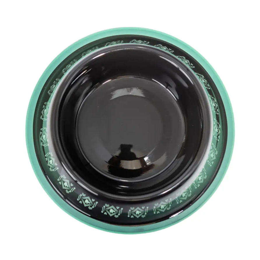Boho stainless steel dog bowl with turquoise outer rim and black interior by American Pet Supplies