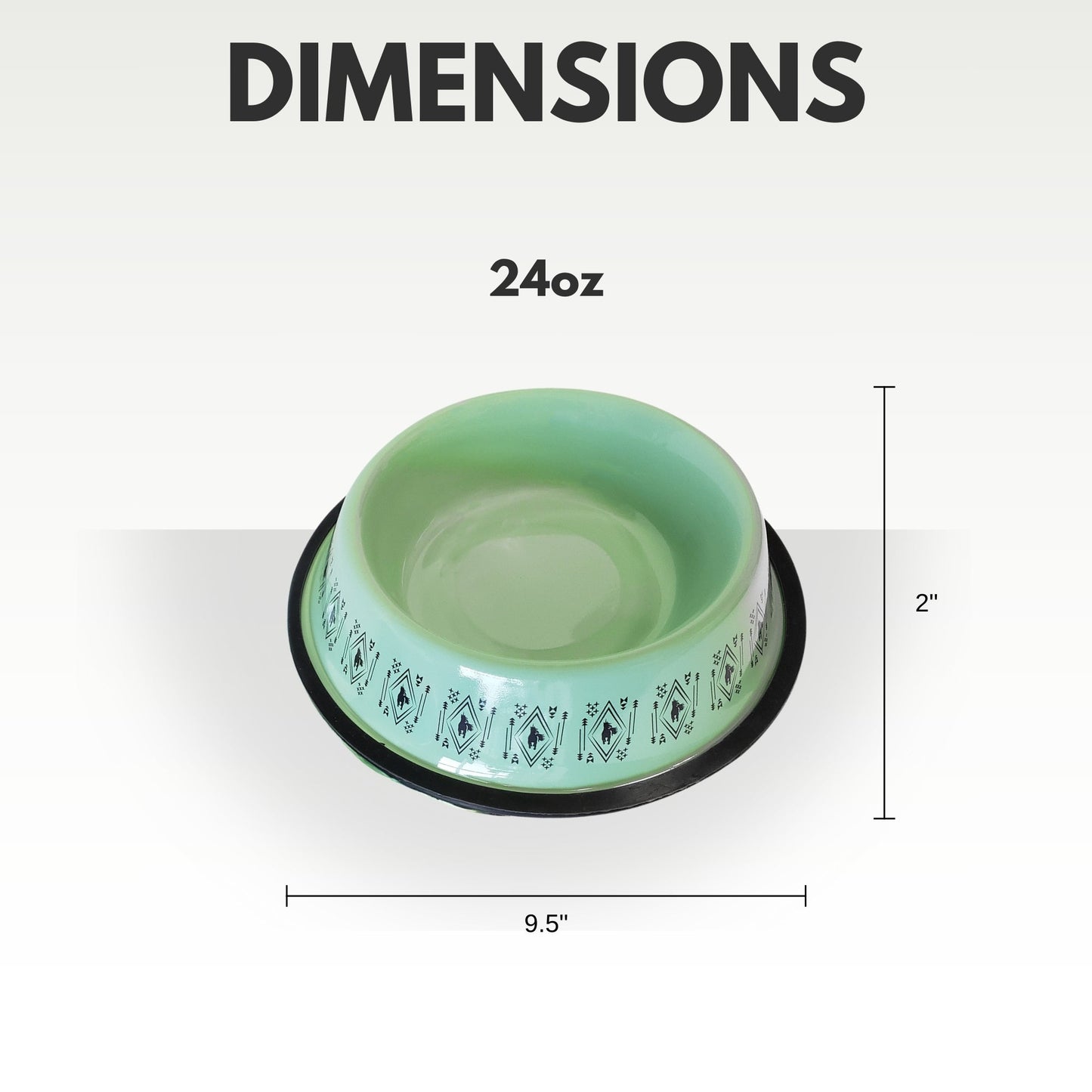 Boho stainless steel dog bowl in green with black geometric pattern 24oz capacity by American Pet Supplies