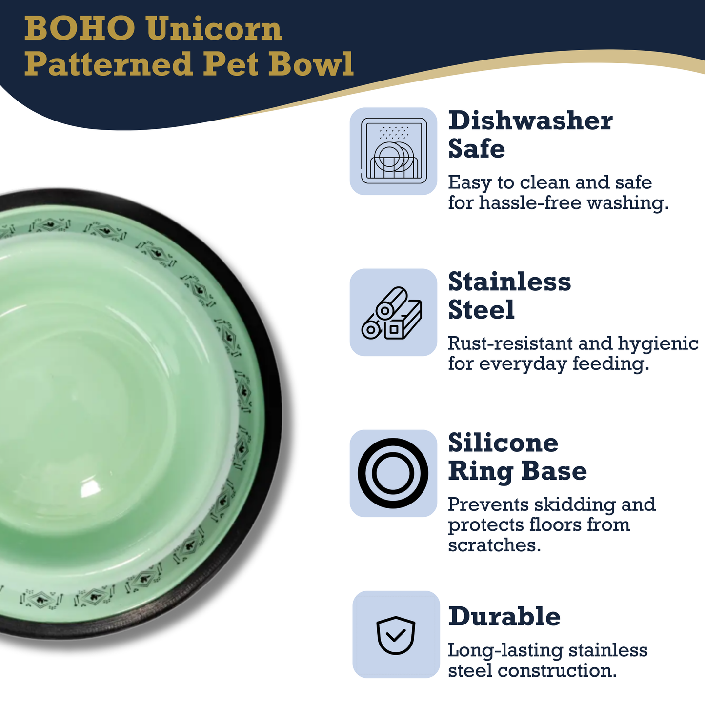 Boho stainless steel dog bowl by American Pet Supplies with silicone ring base and dishwasher safe design