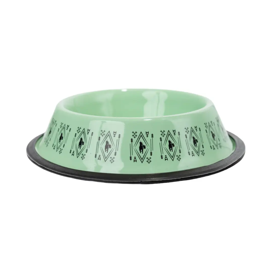 Boho stainless steel dog bowl in green with black geometric patterns and non-slip base