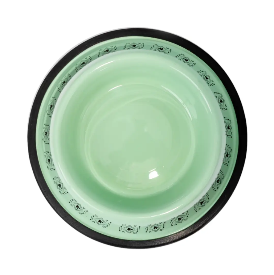 American Pet Supplies boho stainless steel dog bowl in mint green with black trim and decorative border