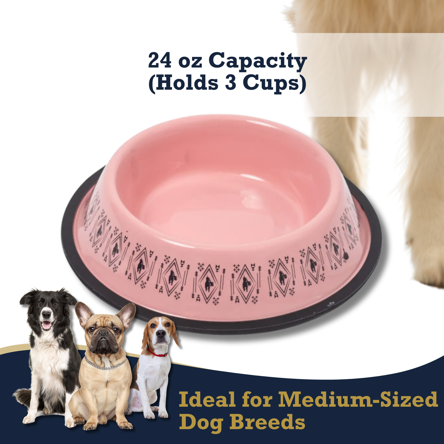 Boho stainless steel dog bowl in pink with black geometric pattern ideal for medium-sized dog breeds
