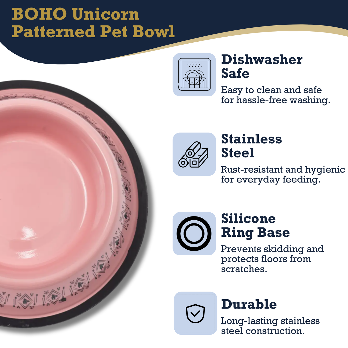 American Pet Supplies boho stainless steel dog bowl in pink with unicorn pattern and silicone ring base