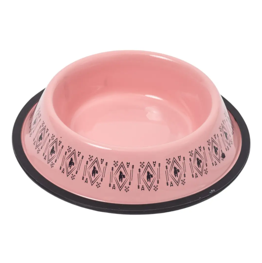 American Pet Supplies pink boho stainless steel dog bowl with black geometric patterns and non-slip base