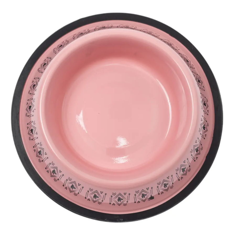 American Pet Supplies boho stainless steel dog bowl in pink with black geometric border and non-slip base