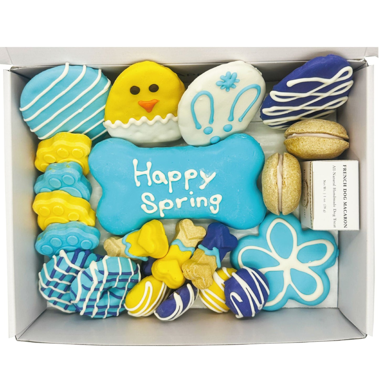 Easter dog treats gift box with colorful spring-themed cookies and Happy Spring bone-shaped treat