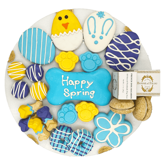Easter dog treats gift box with colorful decorated cookies and macarons by PawCounter.com