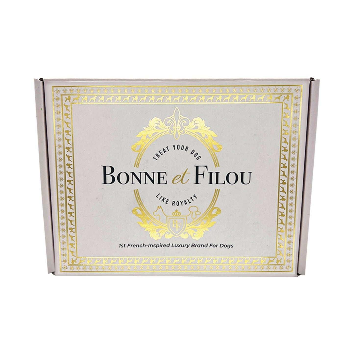 Bonne et Filou Easter dog treats gift box with gold decorative accents and luxury branding