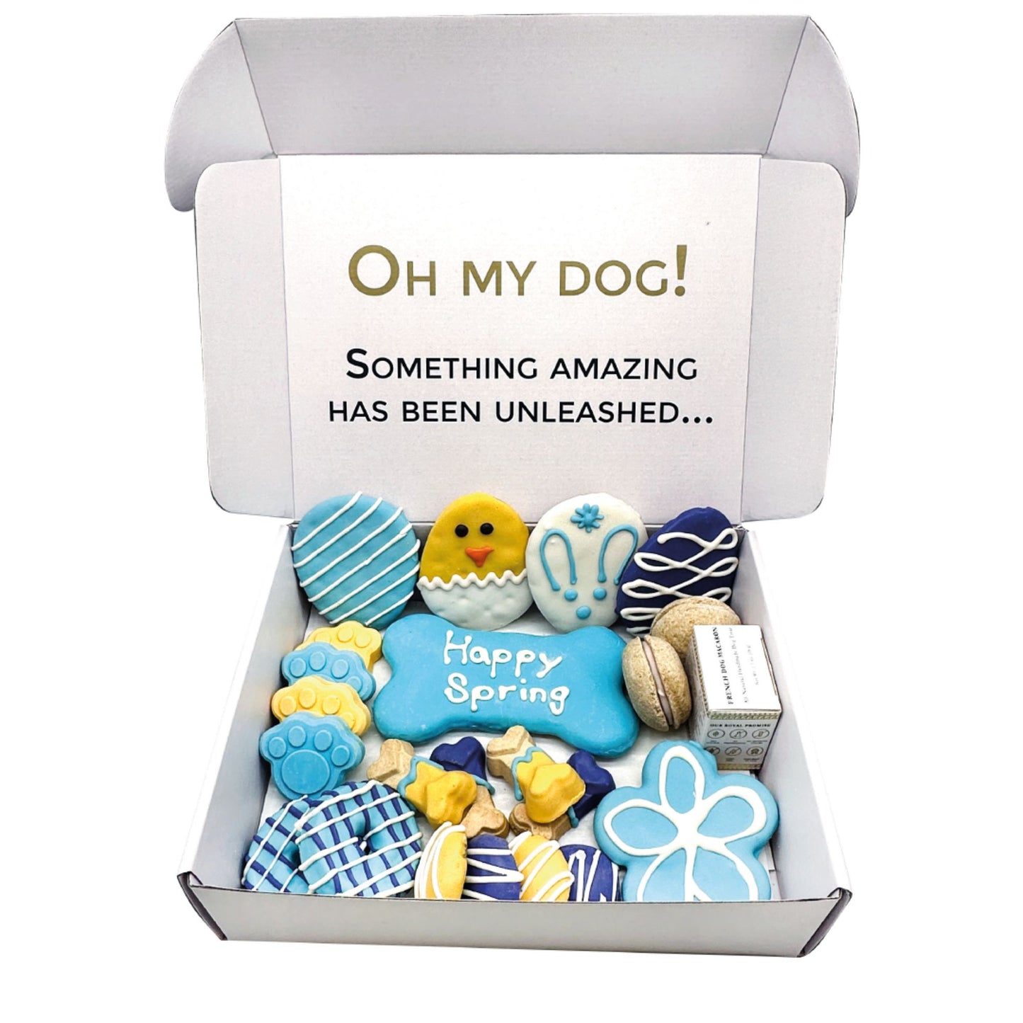 Easter dog treats gift box with colorful spring-themed cookies and treats from PawCounter.com