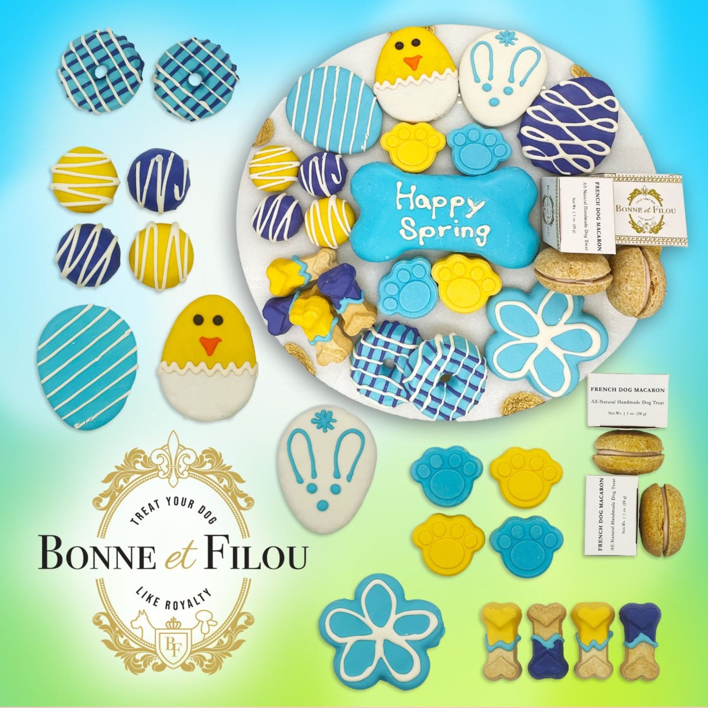 Easter dog treats gift box with colorful spring-themed cookies and macarons for dogs