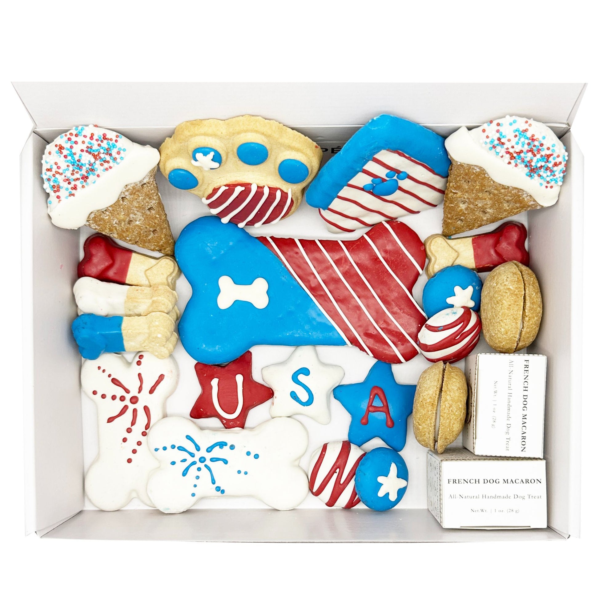 Box of USA themed dog treats from PawCounter.com with red white and blue patriotic designs