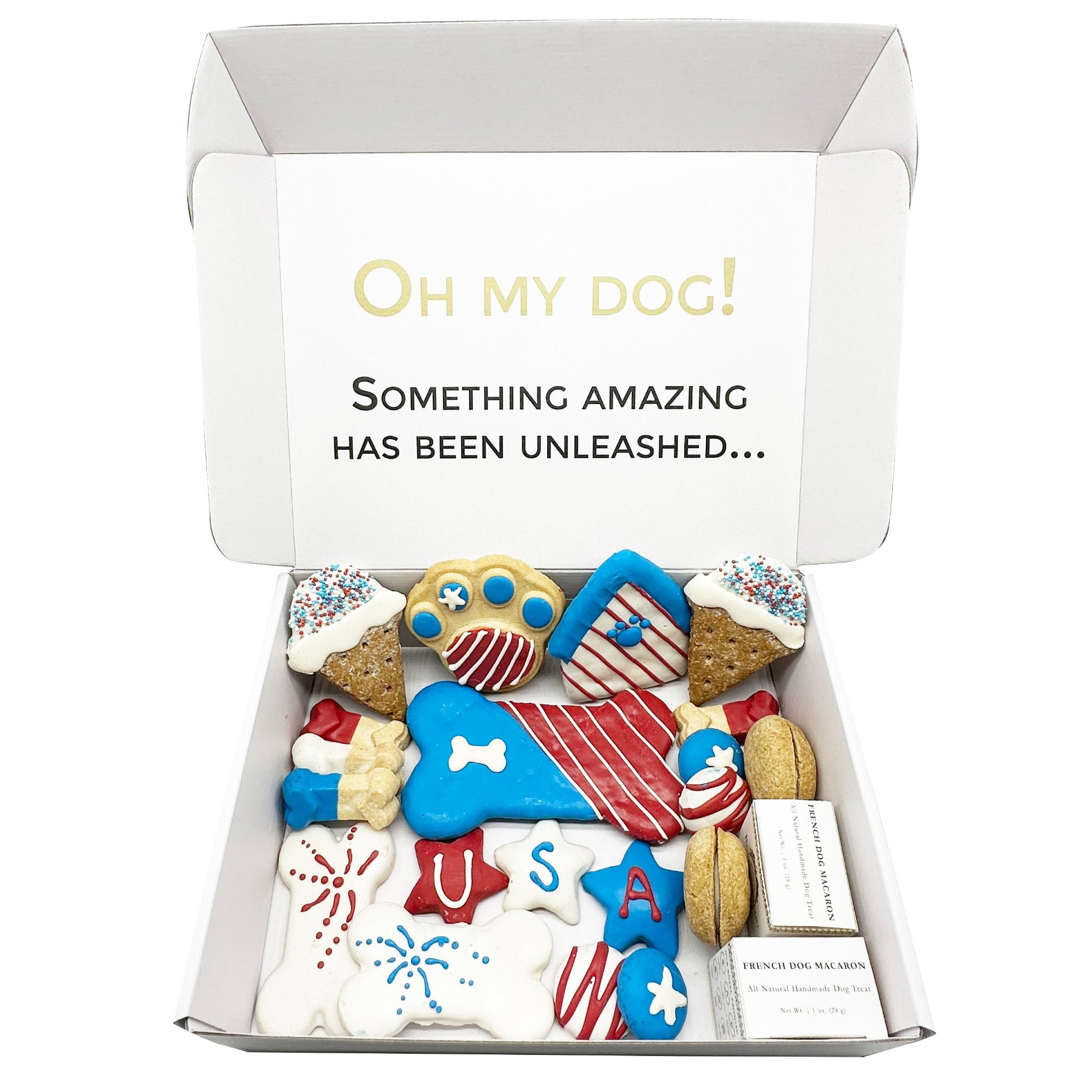 Box of USA themed dog treats with patriotic red white and blue designs from PawCounter.com
