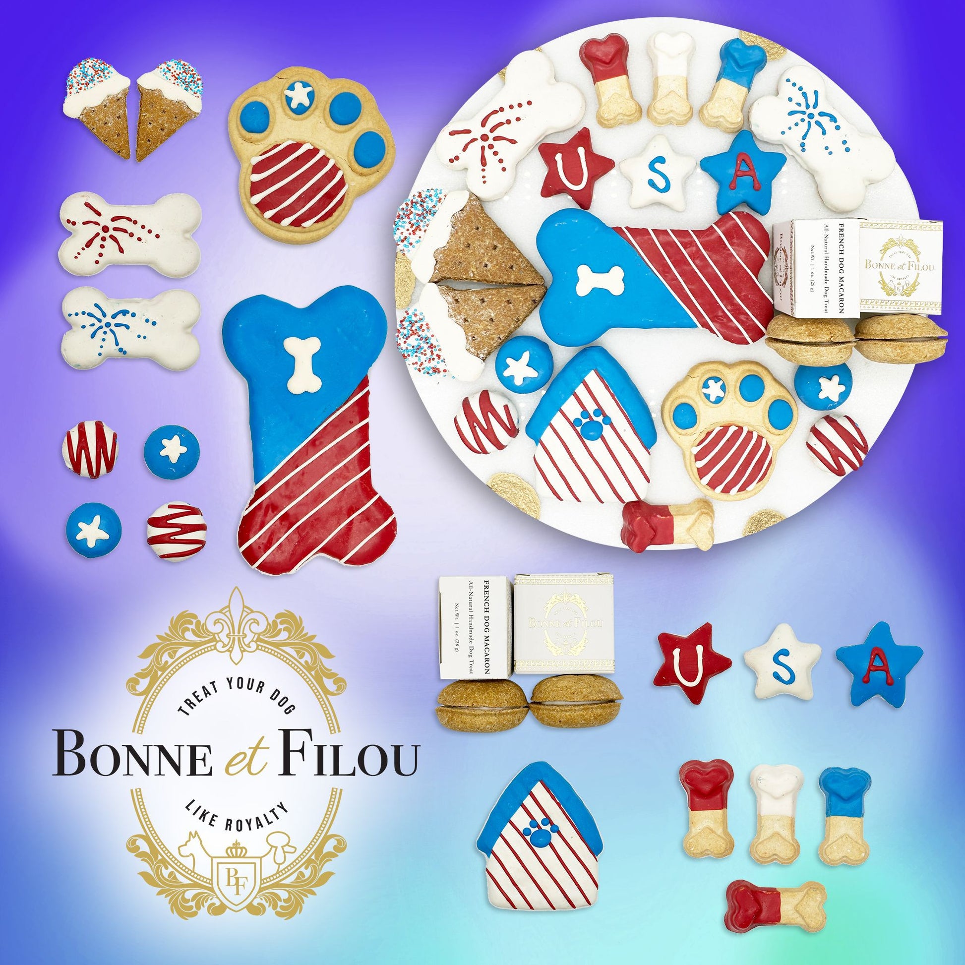 USA themed dog treats by PawCounter.com featuring red white and blue patriotic designs including bones stars and paw shapes