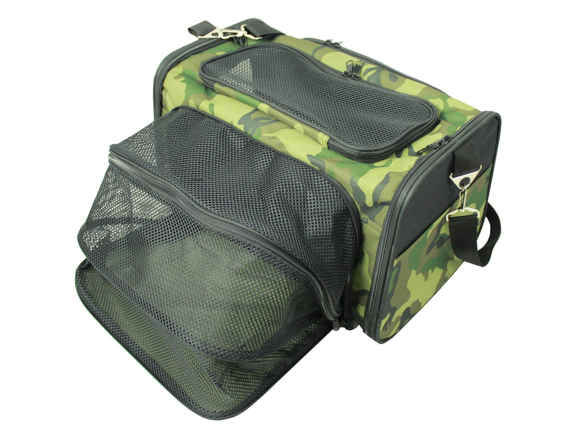 Camouflage patterned airline approved pet carrier with mesh ventilation panels and shoulder strap