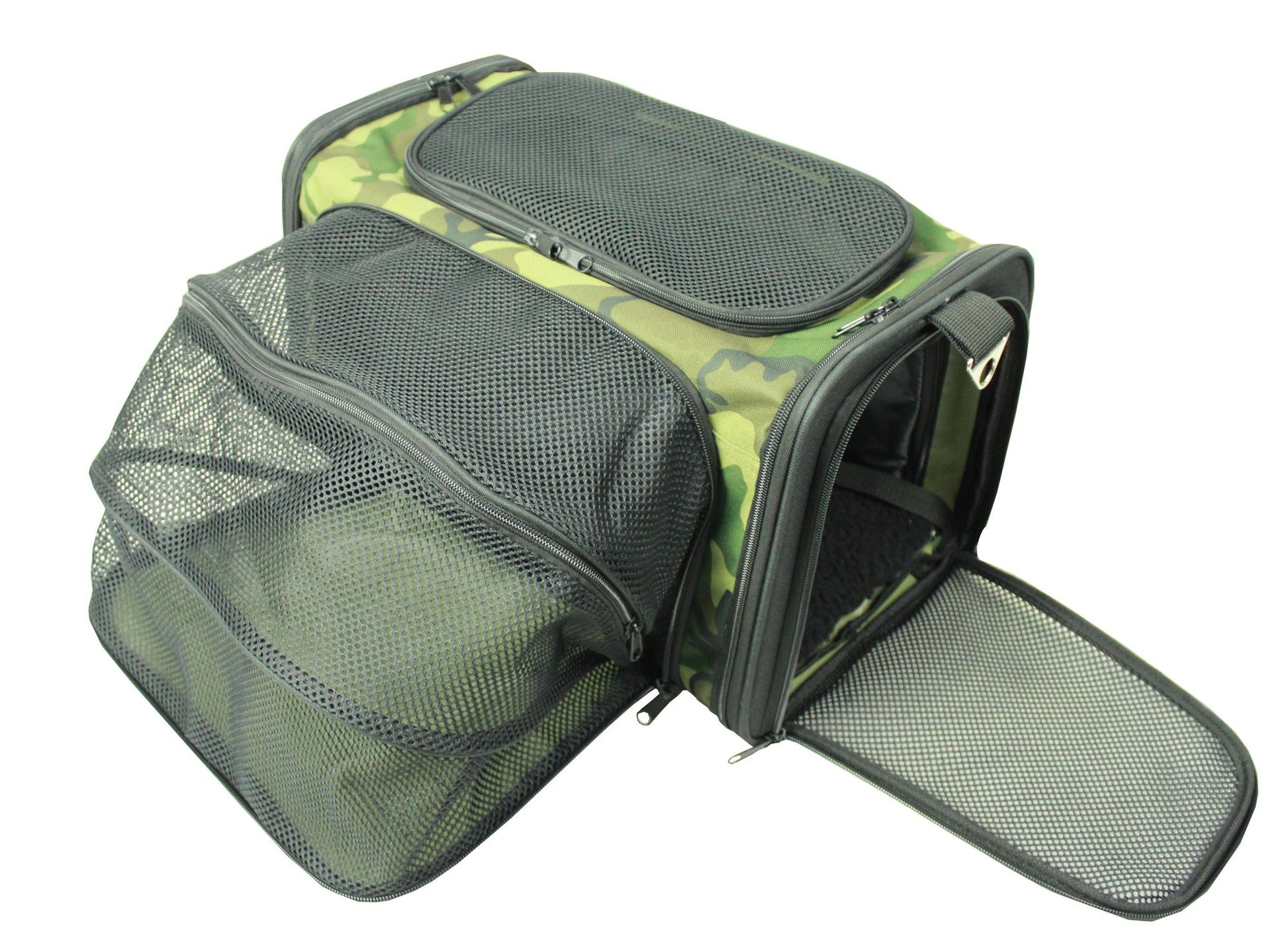 Camouflage airline approved pet carrier with mesh ventilation and multiple zippered compartments
